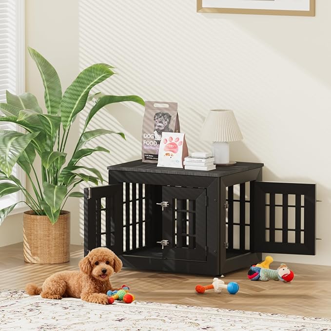 Snuowu 26" Heavy-Duty Dog Crate Furniture for Small/Medium Dogs, Rustic Wooden Dog Cage Kennel Indoor Furniture, Decorative Pet House End Table, Black