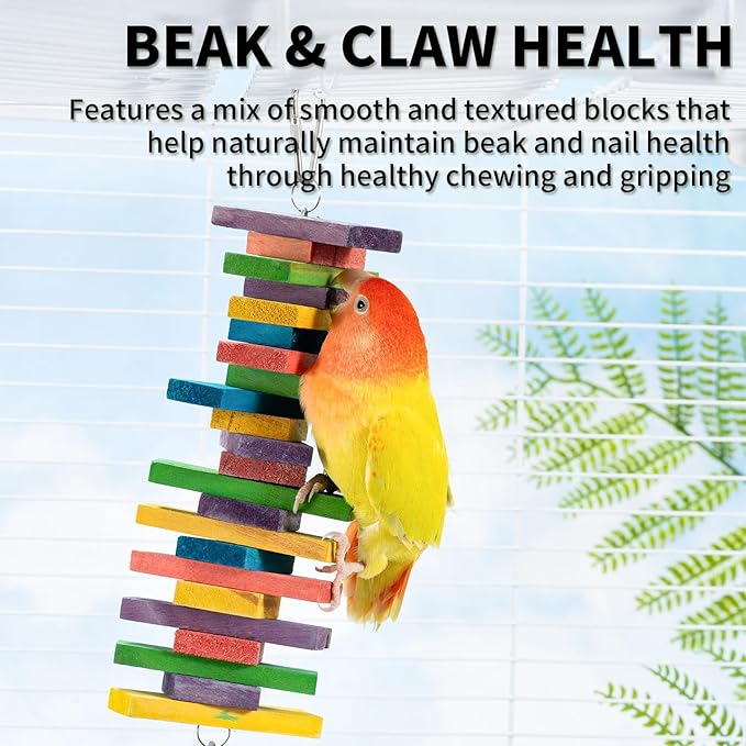 2 PCS 9.84" Multicolored Bird Toys - Stress Relief Chew Parrot Toys, Natural Wooden Blocks, Hanging Bird Cage Accessories, for Parakeets, Cockatiels, Conures, Budgies, Lovebirds