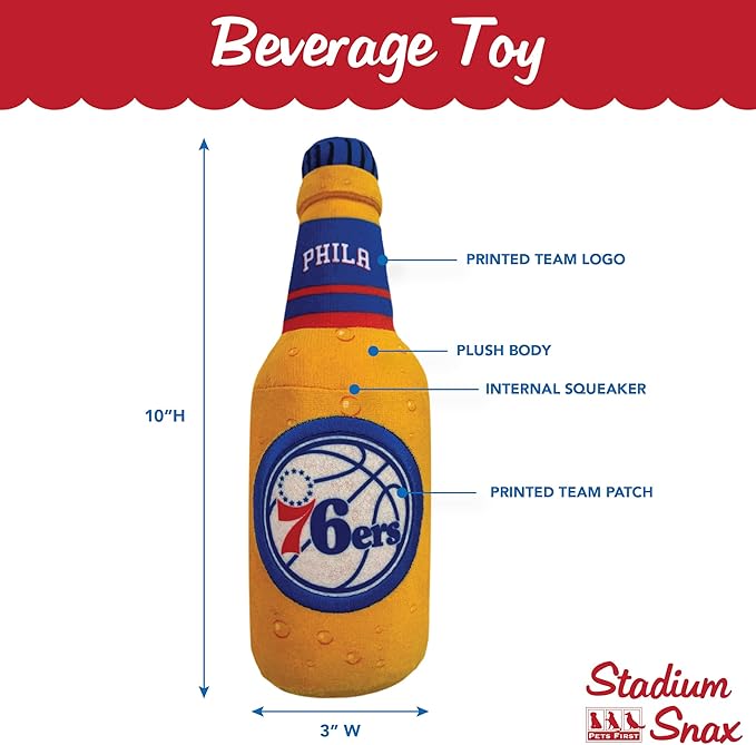 NBA Philadelphia 76ers Beer Bottle Plush Dog & CAT Squeak Toy - Cutest Stadium SODA Bottle Snack Plush Toy for Dogs & Cats with Inner Squeaker & Beautiful Basketball Team Name/Logo