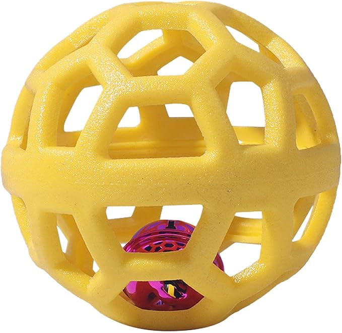 Dog Chew Toys with Bell Sound, 3 Rubber Bouncy Ball for Medium/Large Dogs, Interactive Fetch Ball Teeth Cleaning&Training, Hollow Design with Internal Bells (Yellow)