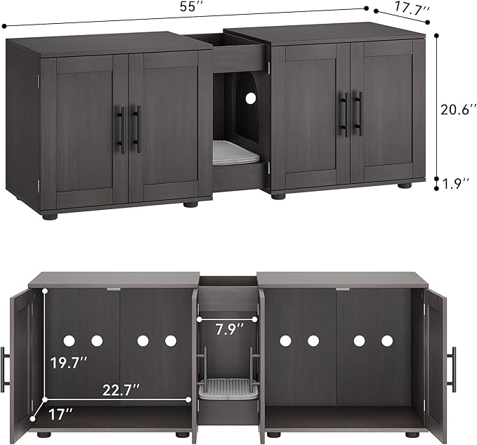 Cat Litter Box Enclosure for 2 Cats,55" Large Hidden Litter Box Furniture with Barn Door & Double Rooms,Modern Indoor Pet House TV Stand Side Table,Cats Washroom,for Bedroom Living Room,Walnut