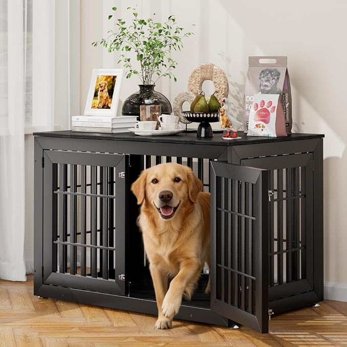 Snuowu 48" Heavy-Duty Dog Crate Furniture for Large Dogs, XXL Wooden Dog Cage Kennel Indoor Furniture, Decorative Pet House End Table, Black