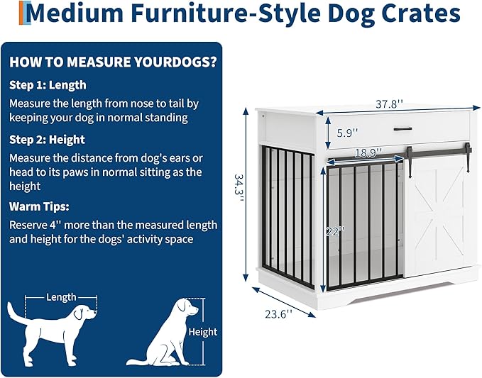 GarveeHome Dog Crate Furniture, 37.8" Large Dog Kennel Indoor, Wooden Kennel Table with Sliding Barn Door and Storage Drawer, Indoor Dog House for Large/Medium/Small Dogs