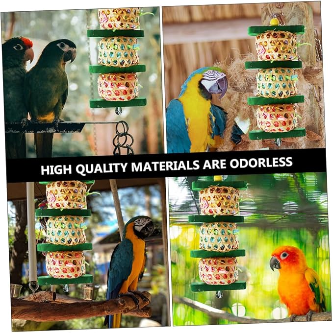Parrot Chewing and Hanging Bell for Bird Cages, Woven Rattan and Wood Shredding Plaything, Safe Bite Accessory for Pet Parrots in Cage