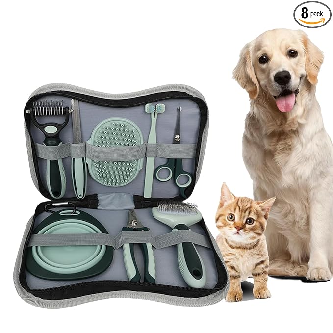 Grooming Brush Kit - 8 Pcs for Shedding & Matted Fur, Self-Cleaning with Flea Comb, Includes Indoor Microbrush, Cat Toothbrush Collapsible Dog Bowls for Travel