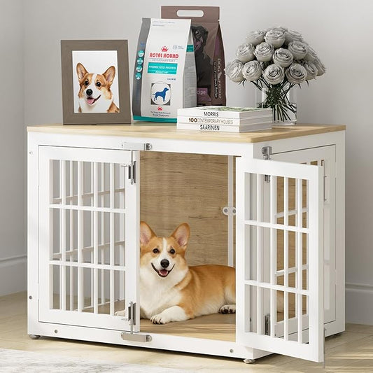 33" Heavy Duty Dog Crate Furniture, Wooden Dog Cage Kennel for Lrage and Extra Large Dogs, Dog Kennel Indoor with Side Door, Decorative Pet House End Table, White and Natural
