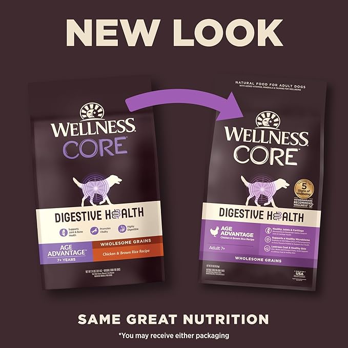 Wellness CORE Digestive Health Age Advantage Senior Dry Dog Food, Wholesome Grain Kibble, Sensitive Stomach, Natural, High Protein, Chicken and Brown Rice Recipe, 24 lb Bag