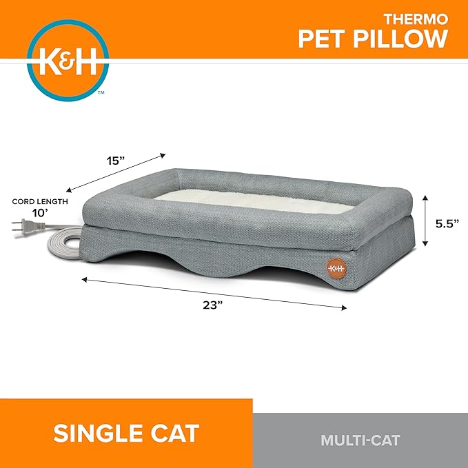 K&H Heated Cat Lap Bed - Indoor Thermo Pet Pillow Orthopedic Bolstered Lap Bed with Removable Waterproof Cat Heating Pad, Indoor Warming Couch Bed, Machine Washable, MET Listed - 23" x 15"