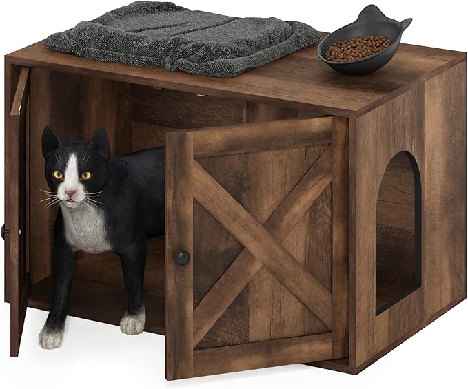 Furinno PELI Cat Litter Box Enclosure, Farmhouse Hidden Litter Box Furniture with Side Entrance, Wooden Pet House with 2 Slatted Doors, Easy Assembly, for Living Room, Rustic Brown
