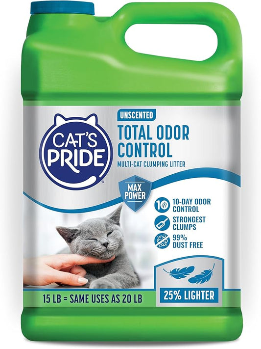 Cat's Pride Max Power: Total Odor Control - Up to 10 Days of Powerful Odor Control - Strong Clumping - Hypoallergenic - 99% Dust Free - Multi-Cat Litter, Unscented, 15 Pounds
