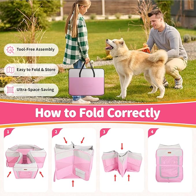 Seiyierr Dog Playpen, Portable Pet Playpen, Puppy Playpen, Cat Playpen with Carrying Case, Dog Playpen for Small Dogs Indoor/Outdoor, Removable Mesh Shade Cover, Pink XL