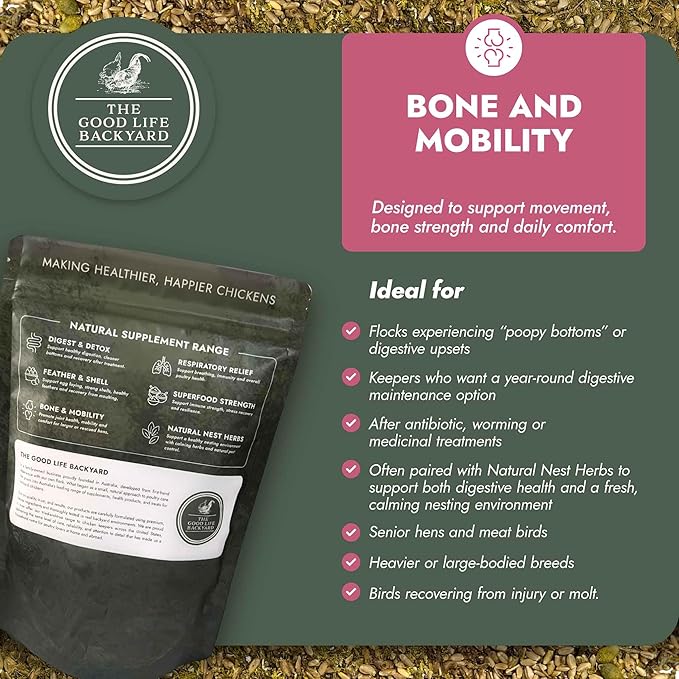 Good Life Backyard Bone and Mobility for Chickens – Natural Joint and Bone Support Supplement (1 lb Pouch) | Hatching Time