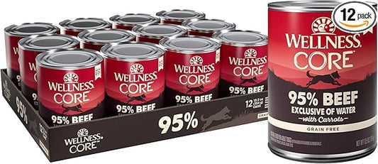 Wellness CORE 95% Adult Canned Wet Dog Food, Grain Free, Natural, Beef with Carrots Recipe, 12.5 oz, Pack of 12 Cans