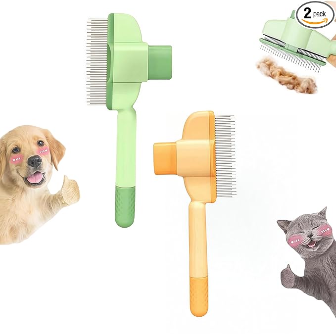 Zen Brush for Cats & Dogs, Avatore Zenbrush Pet Comb, Self-Cleaning Grooming Brush, Stainless Steel Teeth for Shedding Hair Removal 2-pack (Green+Yellow)