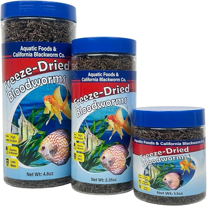 Bloodworms, Grade A Freeze Dried Floating Bloodworms for Cichlids, Discus, Goldfish, Bettas, Angel Fish, Marine Fish, 12-Type Pellet Mix & 4-Type Wafer Mix Included..4.6oz Canister