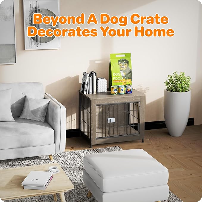 Escape Proof Decorative Dog Crate Furniture with Wooden Top, 27in Furniture Style End Table and Secure Indoor Kennel, Anti Anxiety for All Breeds, Greige