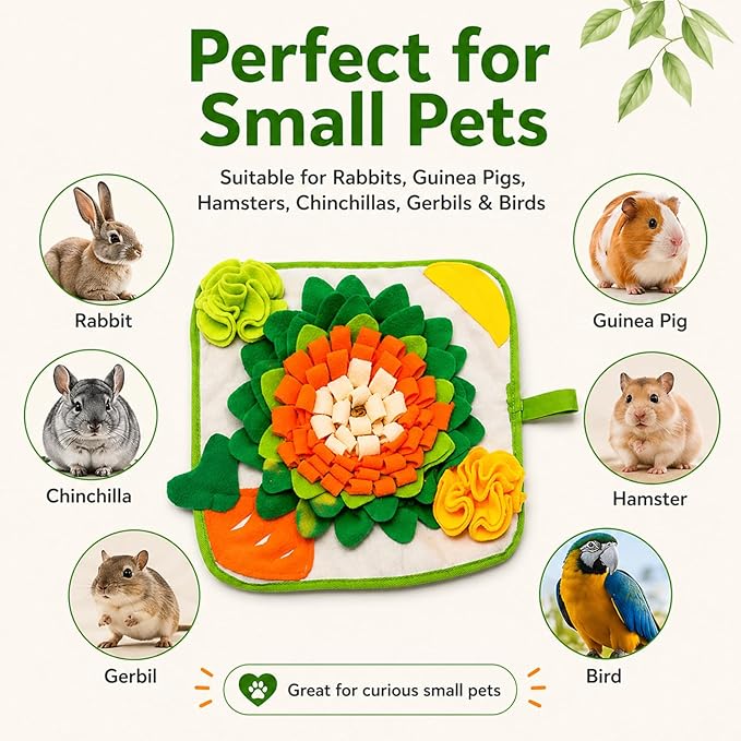 Rabbit Foraging Mat Snuffle Mat for Small Animals Rabbit Toy 11.8"x11.8" Rabbits Snuffle Mat Pets Interactive Feeding Matt Treat Dispenser for Bunny Guinea Pigs Ferrets Chinchillas (Green and Orange)