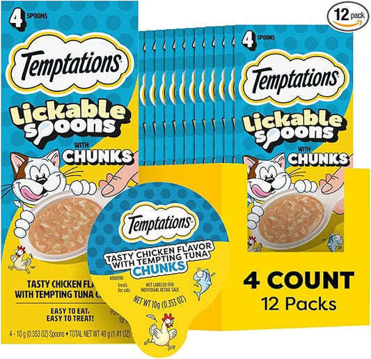 Temptations Lickable Spoons, Soft Lickable Cat Treats, Adult Wet Cat Treats, Chicken Flavor with Tuna Chunks, 4 Spoons, Pack of 12 (48 Total)