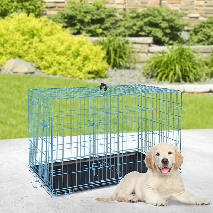 Large Dog Crate Metal Wire Double-Door Folding Pet Cage with Plastic Tray & Handle - Portable Dog Crate for Travel, Dog Travel Crate, Dog Cage for Small Dogs (Blue, 24")