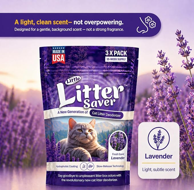 Little Litter Saver | a New Generation Of Cat Litter Box Deodorizer | Unique Slow Release Formula | Natural Fresh Scent | Up to 15 Weeks Supply | 3 x 0.5oz bags (Lavender)