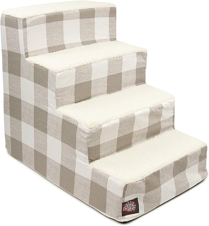 Majestic Pet Portable Pet Stairs | Soft Sherpa Steps Foam Feeling | Steps for Dogs & Cats | Dog & Cat Ramp | Indoor Only | Max Weight: up to 250 Lbs, 4 Step, Anderson Check Neutral Tan