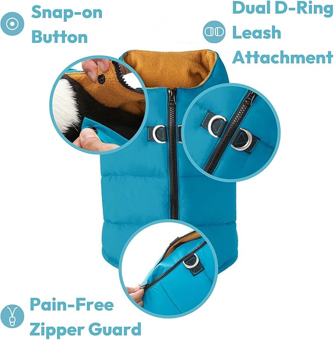 Gooby Padded Vest Dog Jacket - Solid Turquoise, Medium - Warm Zip Up Vest Fleece Jacket with Dual D Ring Leash Water Resistant for Small to Medium Dogs