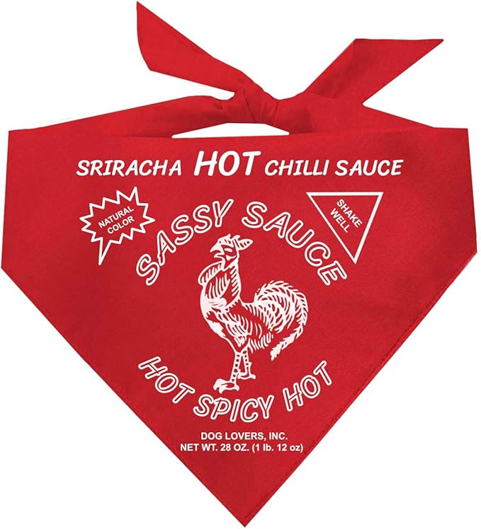 Sriracha Hot Sauce Dog Bandana | 100% Cotton Triangle | Made in USA | Simple Halloween Costume | Funny Condiment Labels | Asian Inspired Food Matching Accessory | Red (1155)