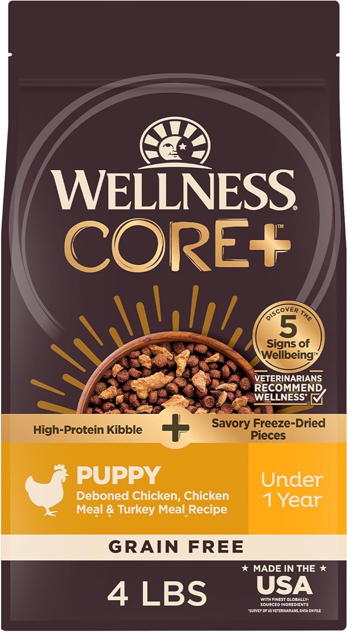 Wellness CORE+ Puppy Dry Dog Food with Freeze Dried Pieces, Grain Free Kibble+, Natural, High Protein, Chicken and Turkey Recipe, 4 lb Bag