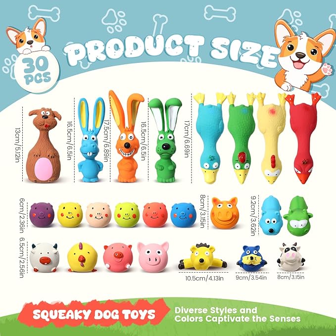 30 Pcs Latex Squeaky Dog Toys Soft Rubber Dog Chew Toy Animal Standing Stick Puppy Fetch Interactive Play Assorted Accessories for Small Medium Large Pets