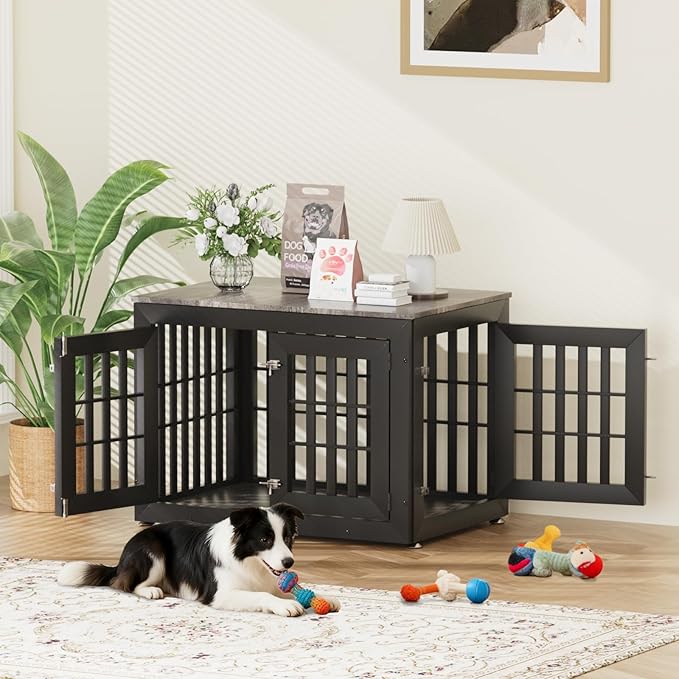 Snuowu 38" Heavy-Duty Dog Crate Furniture for Large/Medium Dogs, Rustic Wooden Dog Cage Kennel Indoor Furniture, Decorative Pet House End Table, Black & Grey