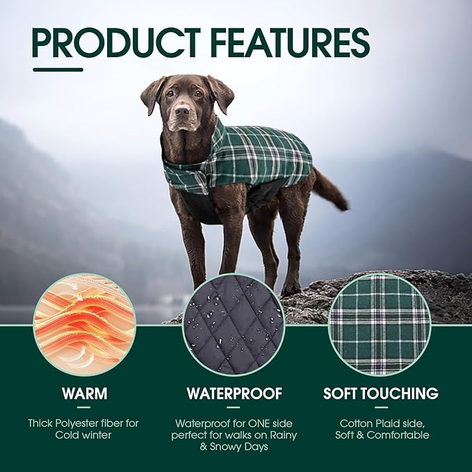 Kuoser Waterproof Dog Coat, Reversible Dog Jacket for Large Dogs, Adjustable Durable Doggie Winter Coat for Groowing Puppies Warm Puppy Cold Weather Apparel, Green L