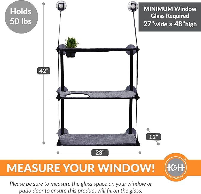 K&H Pet Products EZ Mount Window Kitty Sill Cat Perch with Cat Grass Grow Station Triple Stack Gray 23 X 12 Inches