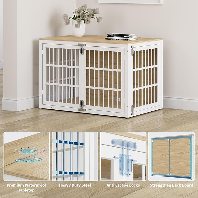 48" Heavy Duty Dog Crate Furniture, Wooden Dog Cage Kennel for Lrage and Extra Large Dogs, Dog Kennel Indoor with Side Door, Decorative Pet House End Table, White and Natural
