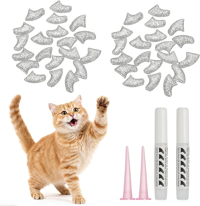 Cat Nail Caps, Cat Claw Covers with Adhesive Glue and Applicators, Kitten Claw Caps Soft Paws, (40 Pcs, S, Crystal Silver), Intended for Pet Tips/Nail Covers/Control Paws