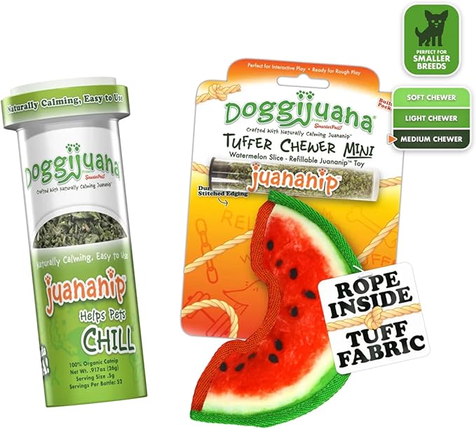 Doggijuana Mini Doggi Duo Refillable Juananip Toy Bundle | Watermelon Slice & Juananip | Funny Dog Toy Plush with Catnip and Refill | Interactive Chew for Play