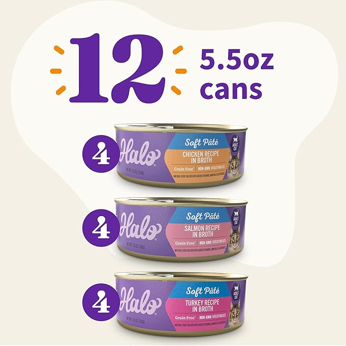 Halo Wet Cat Food Variety Pack,Grain Free Three Canned Wet Cat Pate,Chicken Stew,Salmon Stew & Turkey-Stew,5.5 Oz Can,(Pack of 24)