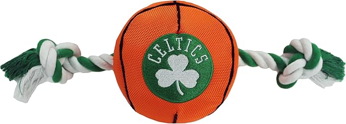 NBA BOSTON CELTICS Basketball Toy. - Tough Nylon Pet Toy with Tug Ropes & inner Squeaker