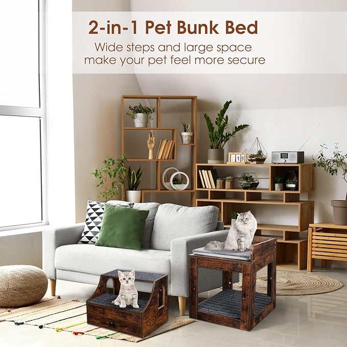 Cat Window Perch with Removable Stairs, Large Pet Bunk Bed with Drawer and Cushion for Cats and Dogs, Strong Frame Pet Bed for Bedside, Home, Indoor, Rustic Brown