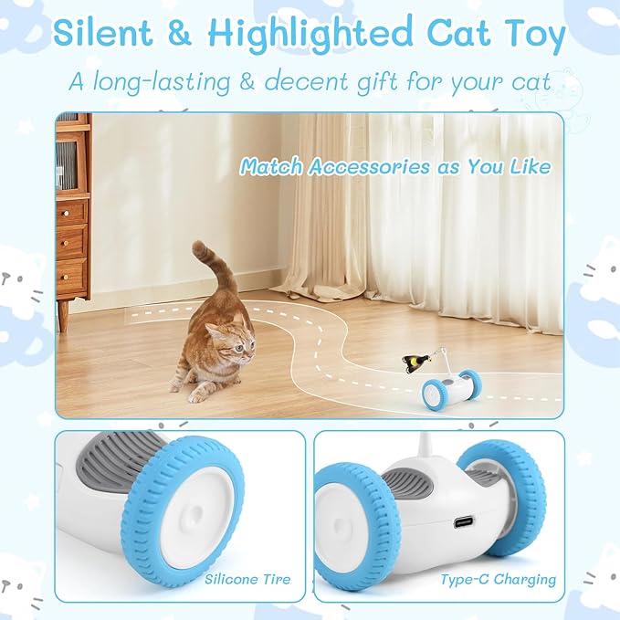 Interactive Cat Toy, Kitten Toy for Indoor Cats, Automatic Cat Toy with LED Lights, Cat Mouse Toy, USB-C Rechargeable (NOT for Carpet)