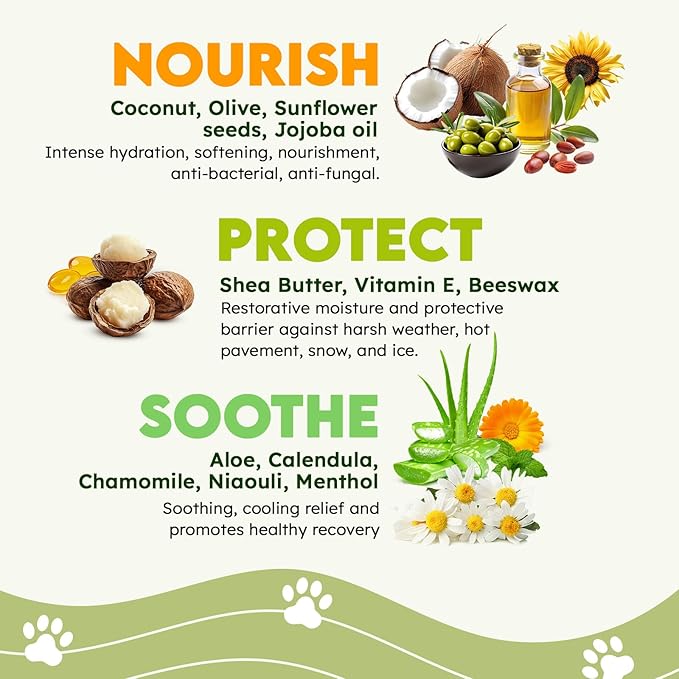 Dog Paw Balm - Coconut, Shea Butter, Jojoba Oil and Beeswax Formula - All-Natural Lick-Safe Pet Paw & Nose Balm for Cracked, Dry Foot & Noses - Soothing & Protective Salve - 60g - 2.1 oz