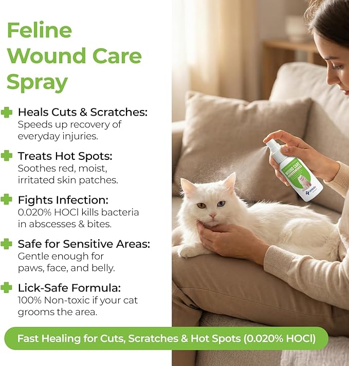 Cat Wound Care Spray Feline Healing Aid, Skin Repair for Cuts, Sores & Abrasions | Itch Relief for Irritated Cat Skin | Hot Spot & Allergy Support | Safe & Non-Toxic | 3.38 fl oz