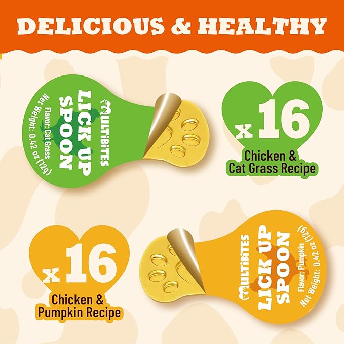 Lickable Cat Treats with Lick-Up Spoons, Healthy Wet Cat Snacks for Digestive Support, Grain-Free Kitten Treats with Taurine & Vitamins, Cat Grass & Pumpkin Variety Pack (32 Spoons)