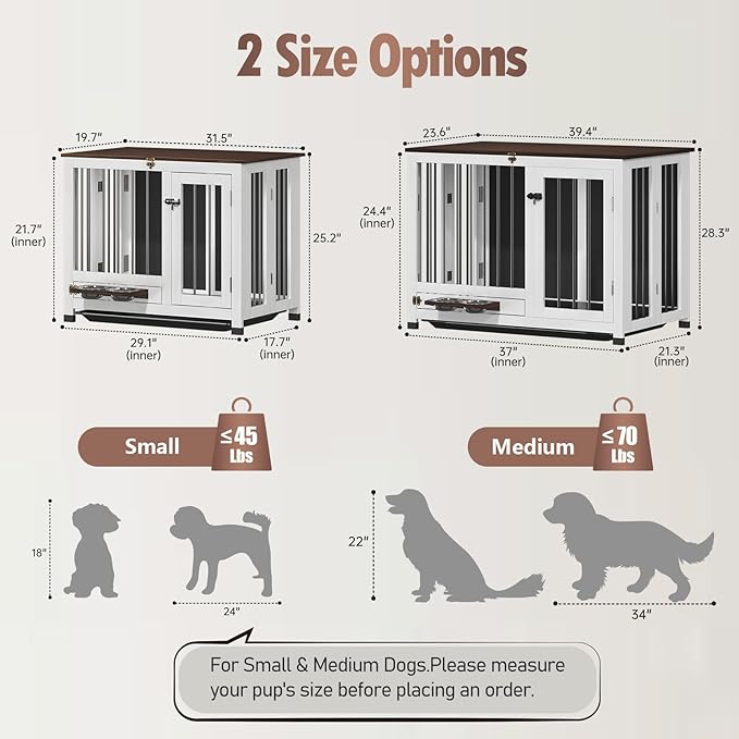 39.4" Dog Crate - Wood Dog Kennel Furniture with Removable Tray & 360° Rotating Feeder | White Dog Cage for Living Room, Bedroom, Indoor Sturdy Pet End Table for Medium & Large Dogs | Easy Assembly