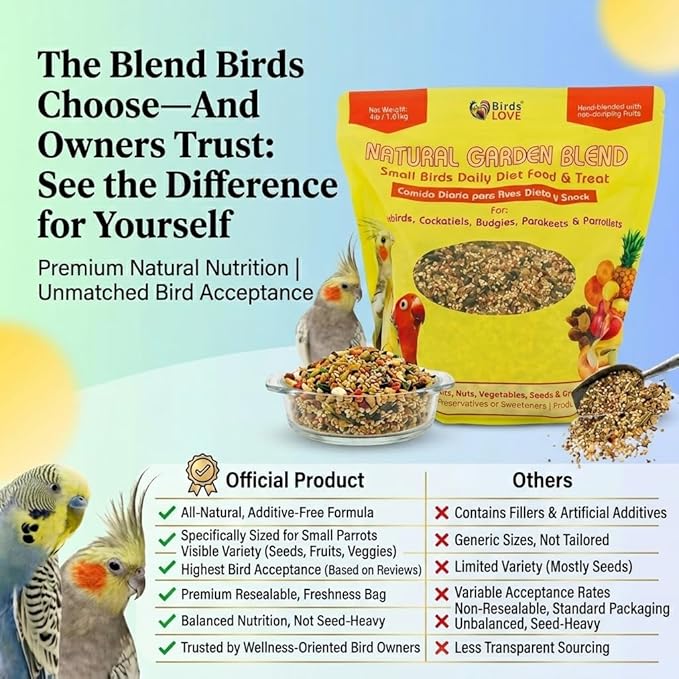 Birds LOVE All Natural Garden Blend Bird Food for Small Birds - Lovebirds, Cockatiels, Parakeets and Parrotlets 4lb