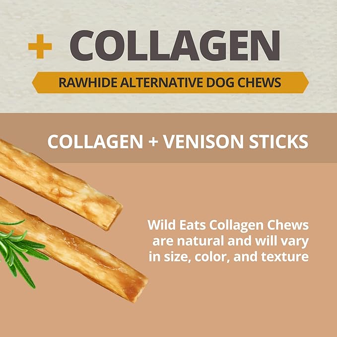 Wild Eats Venison Collagen Sticks for Dogs (25 Pack, 0.6 cm Wide) Long Lasting Dog Chews No Hide Dog Treat Bully Stick Alternative, Rawhide Free, Grain Free, High Protein