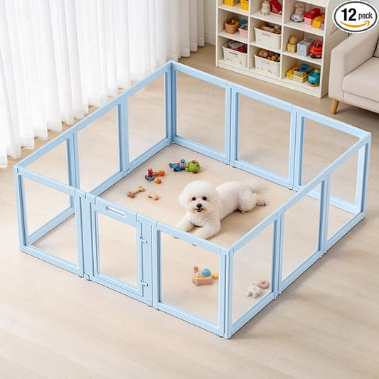 DIY Clear Acrylic Dog Playpen House,Quick Easy Assembly and Disassembly,Strong Floor Suction,Indoor and Outdoor Use,Easy Cleansing Puppy Fence (Sky Blue, 30.3" H, 12PCS)
