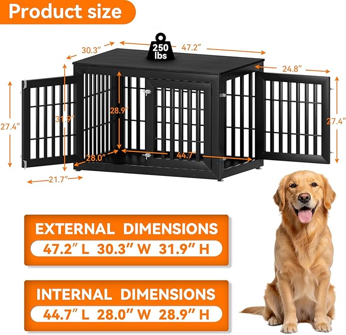 Snuowu 48" Heavy-Duty Dog Crate Furniture for Large Dogs, XXL Wooden Dog Cage Kennel Indoor Furniture, Decorative Pet House End Table, Black