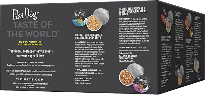 Tiki Dog Taste of The World Whole Food, Vareity Pack of Gourmet International Flavors in Broth, Culinary Inspired High Protein and Moisture Rich Superfoods Wet Dog Food, 3 Oz Cups, Case of 10