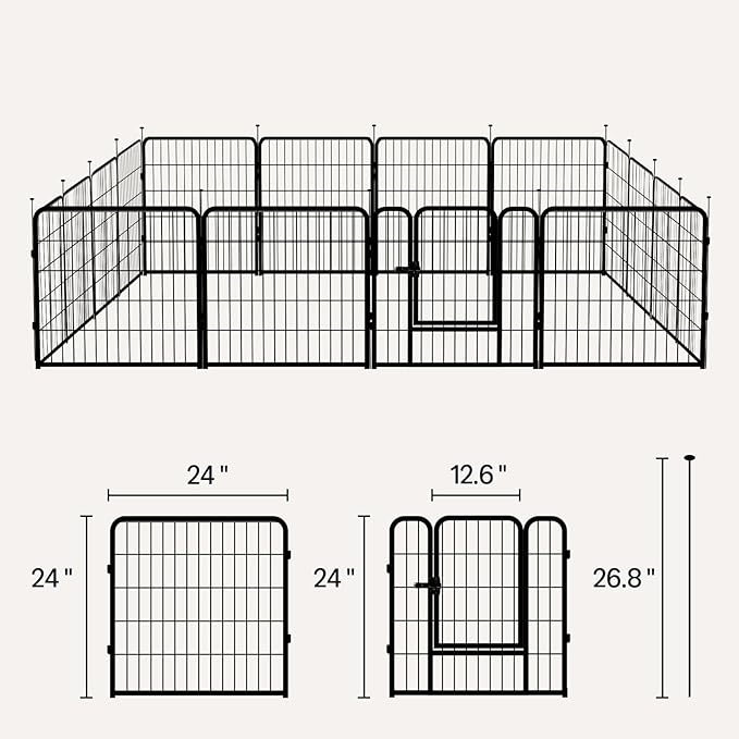 Amazon Basics Dog Playpen, 16 Panels Metal Fence with Door, Foldable for Indoor and Outdoor Use, Suitable for Small to Medium Sized Dogs, 24 Inch Height, Black
