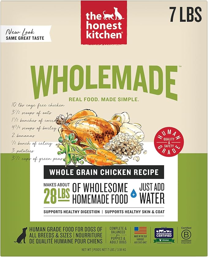 The Honest Kitchen Human Grade Wholemade™ Dehydrated Dog Food, Whole Grain Dehydrated Dog Food, Chicken, 7 lb (Makes 28lbs)